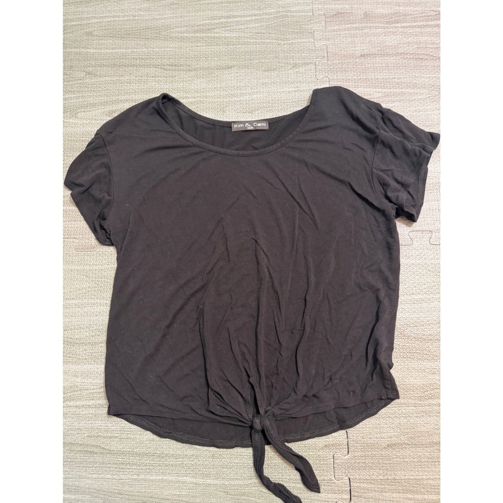 Kim & Cami Women Black Front Tie Knot Short Sleeve Scoop Neck Top Small